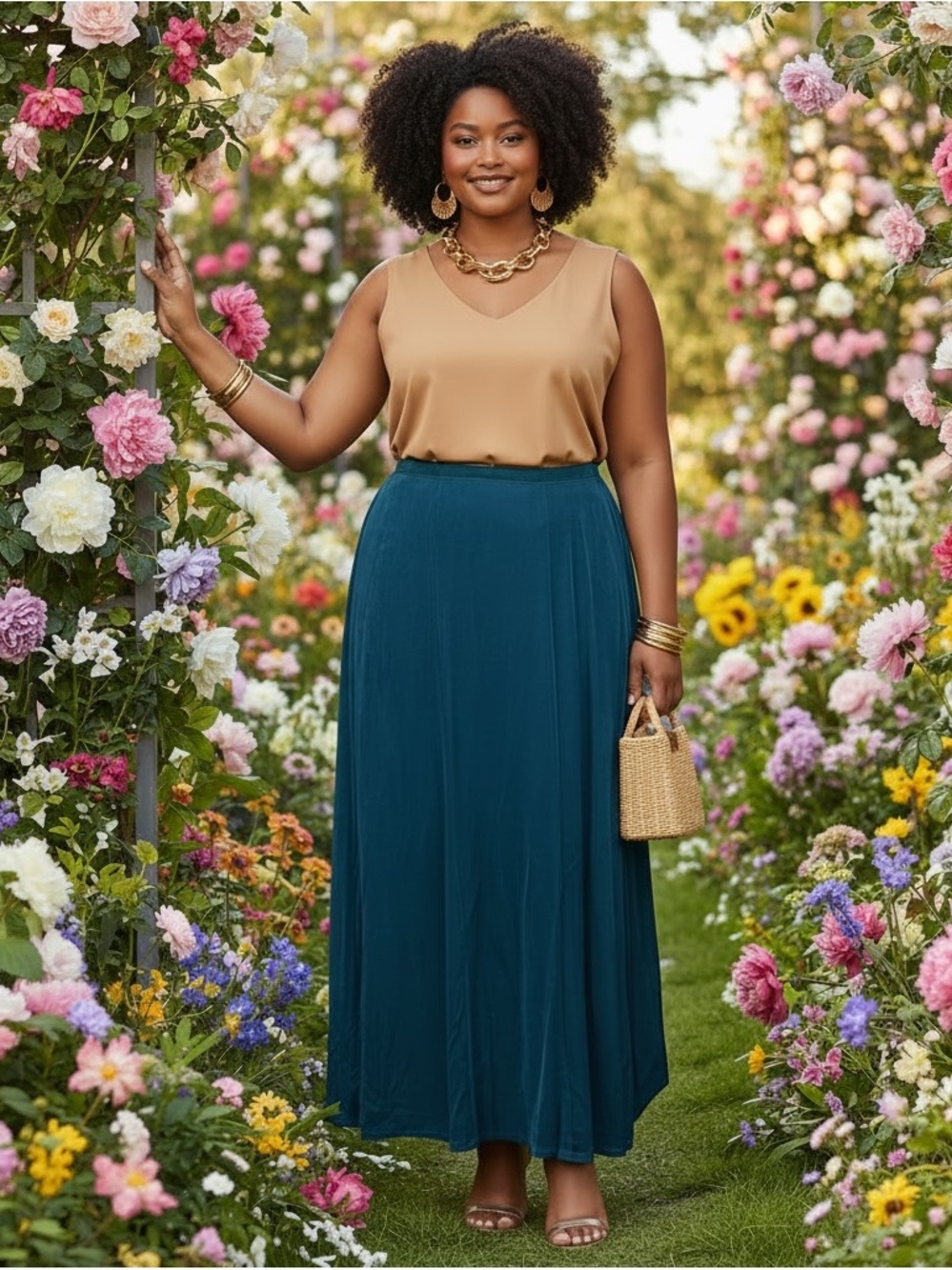 Plus-Size Teal Slinky Pull On Maxi Skirt